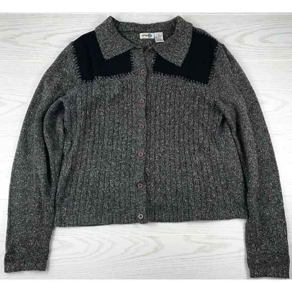 Paul Harris Design Sweaters - Vintage Paul Harris Design Sweater Womens L Gray Black Leather Trim Button Up